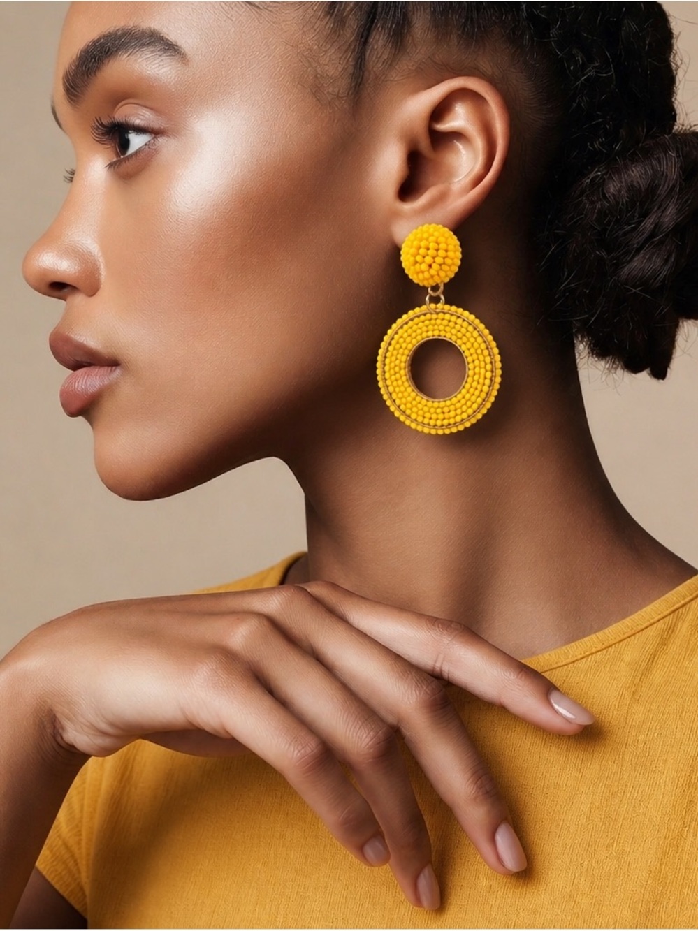 Yellow Beaded Hoop Drop Earrings | Dangle Earrings | Lightweight Boho Jewelry